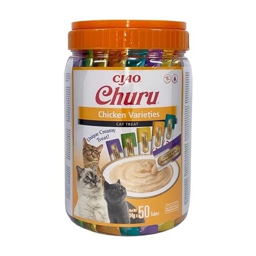 INABA Churu der beste Katzen Leckerlies für Tierarzt, Training, Bindung, Katzenleckerlis Creamy Snack, Variety Box mit Huhn, Getreidefrei, Zuckerfrei, Kalorienarm, 100% natürliches Fleisch 50 x 14 g