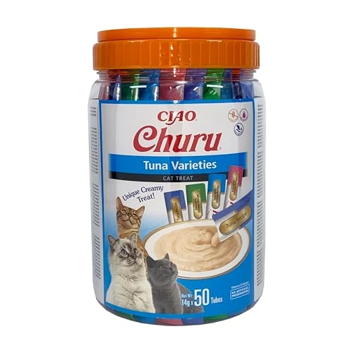 Offerta a tempo: INABA Churu Snack per Gatti Cremoso in 4 Varietà al Tonno - 50 Stick x 14g - Cibo per Gatti da Leccare, Sano e Delizioso - Snack Gatto Senza Conservanti o Coloranti Artificiali, Grain-Free — 34% da 35,77 € a 23,77 €