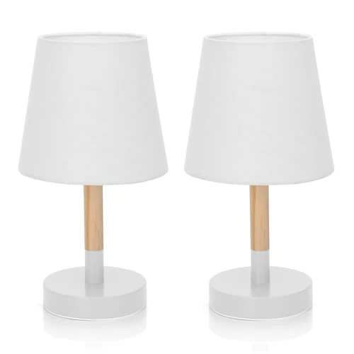 Aigostar 2 Piezas Lámpara de Mesa, Lámpara de Mesita de Noche Pequeña de Madera Moderna, lámpara de Noche con Tulipa de Tela Blanca y Base de Metal, Portalámparas E14, Decorativa y Vintage