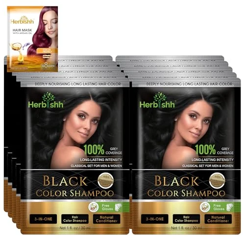 Herbishh Champú para color de cabello para cabello gris con mascarilla capilar de argán Tamaño de viaje-Colorea el cabello en minutos–Color de larga duración 10 paquetes+1 paquete–Sin amoníaco (negro)