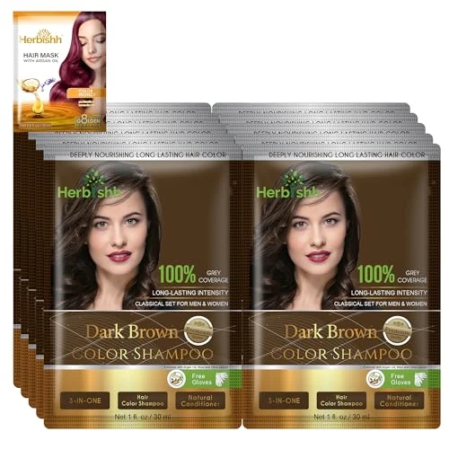 Herbishh Hair Color Shampoo for Gray Hair–Natural Hair Dye Shampoo with Argan Hair Mask–Travel size-Colors Hair in Minutes–Long lasting colour–10pack+1pack–Ammonia-Free (Dark Brown)
