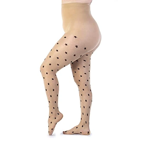LEELA LAB Rajstopy damskie z gwiazdkami, duże rozmiary, 30 Denier, wygodne i trwałe, wyprodukowano we Włoszech, nude, 46-48 Große Größen