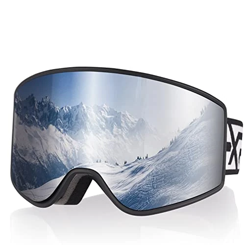 EXP VISION Juego de gafas de esquí para padres e hijos, antivaho, 100% protección UV, OTG, gafas de snowboard para hombres, mujeres, jóvenes y niños (gafas de esquí para adultos, plateadas)