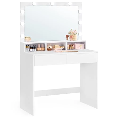 VASAGLE KAILYN Collectie - Kaptafel met LED-verlichting, instelbare helderheid, make-uptafel met spiegel, cosmeticatafel met 2 lades, 3 open vakken, wolkenwit RDT120T10