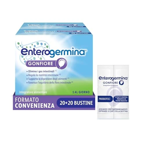 Offerta a tempo: Enterogermina Gonfiore, Fermenti Lattici Probiotici, Prebiotici per Adulti - Integratori con Enzimi Digestivi ed Estratti Vegetali contro Pancia Gonfia e Gonfiore Addominale (40 Bustine ) - 37% da 41.90 € a 26.50 €