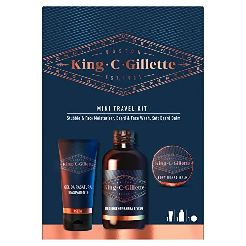 Gillette King C. Coffret Barbe Homme, Mini Kit De Voyage Soins De Visage Essentiels, Soin Hydratant Pour La Barbe De 3 Jours, Nettoyant, Baume Au Beurre De Cacao Pour Compléter La Routine De Rasage