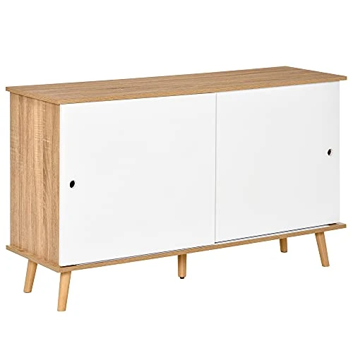 Offerta a tempo: HOMCOM Mobile Cucina Credenza Moderna con Mensole Regolabili e Ante Scorrevoli in MDF, 130x40x74.5cm, Colore Legno e Bianco - 12% da 128.95 € a 113.96 €