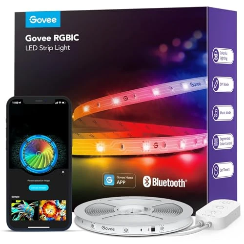 Govee RGBIC Ledstrip, 5 m, bluetooth-ledstrip, segmentbediening, muzieksync, 64 scènemodi, bestuurbaar via app-bediening, kleurverandering, geschikt voor thuis, slaapkamer, gaming