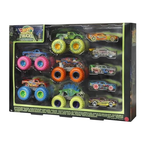 Limitiertes Angebot: Hot Wheels Monster Trucks - Multipack mit Leuchteffekt im Dunkeln, 10 Fahrzeuge im Maßstab 1:64, 5 Monster Trucks und 5 Fahrzeuge für Sammler und Kinder, HCB57 von 50.34 EUR auf 50.34 EUR (Spare 0%)