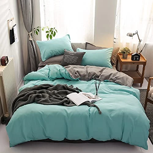 Gezu Housse de Couette 200x200cm Bleu Clair Gris Unie Réversible Parure de Lit Microfibre avec 2 Taie d'oreiller 65x65cm avec Fermeture Éclair Sets de Housse de Couette 2 Personnes Adulte