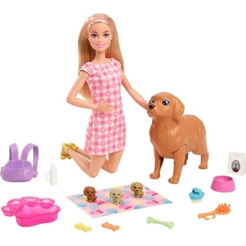 Offerta a tempo: Barbie-Playset Cuccioli Appena Nati con Bambola Barbie Bionda, Cane che Partorisce, 3 Cuccioli e Funzione Cambia Colore e Accessori per Accudirli, Giocattolo per Bambini 3+ Anni, HCK75 - 43% da 34.99 € a 19.99 €