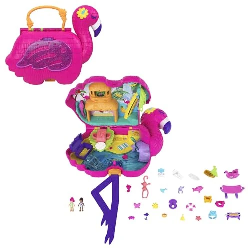 Polly Pocket HGC41 - Flamingo Party, Spielset mit 26 Überraschungen (u.a Mikro-Margot & Freundespuppen), Palmenrutsche, Schaukel, Bankett, Wasserbereich, und mehr, Spielzeug Geschenk ab 4 Jahren