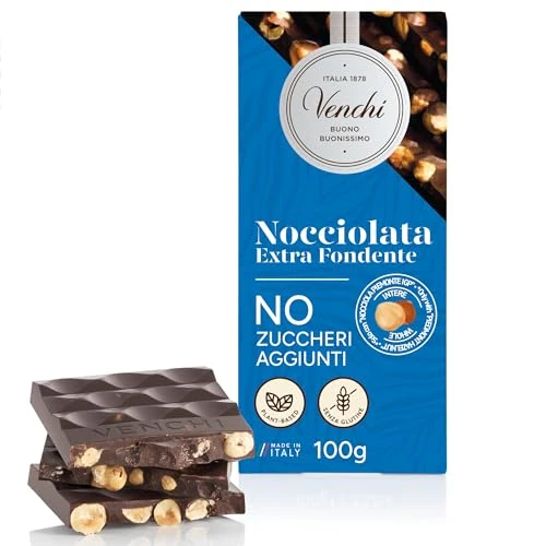Venchi - Tavoletta Nocciolata Fondente NO Zuccheri Aggiunti, 100 g - NO Edulcoranti Artificiali - Con "Nocciole Piemonte IGP" Intere - Senza Glutine - Vegano