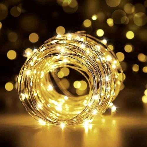 Łańcuch świetlny, 12 m, druciany ze 120 diodami mikro LED, wodoszczelny, z włącznikiem, ładowanie przez USB, do użytku na zewnątrz i wewnątrz, ciepła biel, na Boże Narodzenie, do pokoju, projektów