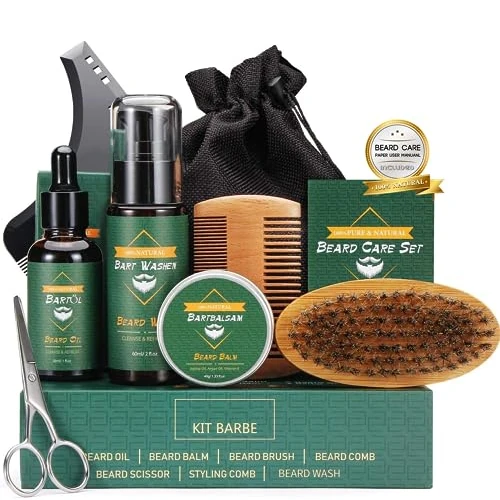 CUSMAY Baardverzorgingsset voor mannen, 9-delig, cadeauset voor heren, met natuurlijke baardshampoo, baardolie, baardbalsem, baardborstel, baardschaar, cadeauset voor Vaderdag, Valentijnsdag, wei