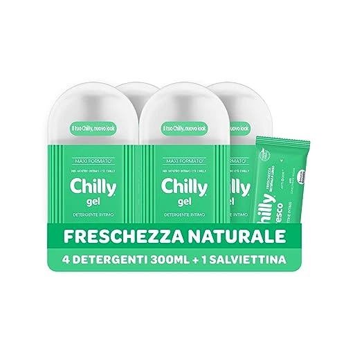 Offerta a tempo: Chilly Detergente Intimo Fresco, Detergente per l'Igiene Intima con Molecola Antiodore, Formula Fresca con Mentolo Naturale, PH 5, Clinicamente Testato, Confezione da 4 Flaconi da 300 ml - 3% da 19.99 € a 19.39 €