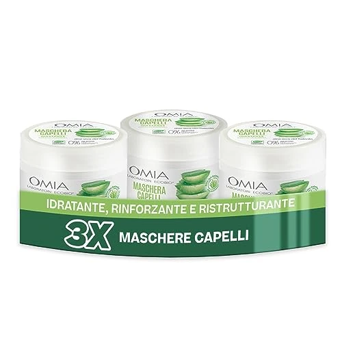 Omia, Kräuter-Haarmaske mit Salento Aloe Vera, Feuchtigkeitsspendende und Aufhellende Behandlung für Trockenes Haar, Frei von Silikonen und SLES, 3 x 250 ml Flasche - Exklusiv bei Amazon