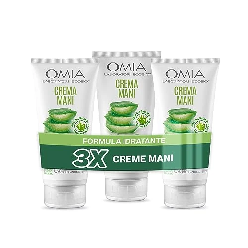 Omia Crema Mani Eco Bio z aloe Vera del Salento, krem do rąk nawilżający i naprawa do intensywnego leczenia, szybkiego wchłaniania, bez namaszczania, 3 sztuki, butelki 75 ml