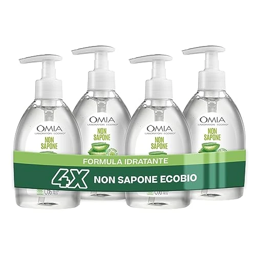 Omia, Eco Bio Seifenfreie Reinigung mit Aloe Vera aus Salento, Flüssige Hand- und Gesichtsseife, Für Feuchtigkeit, Geschmeidigkeit & Erfrischung, 4er Packung, je 300 ml Flaschen - Exklusiv bei Amazon
