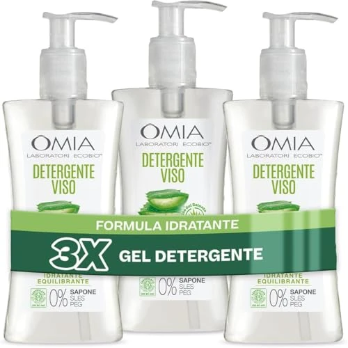 Omia Eco Bio Reinigingsgel voor het gezicht, aloë vera van Salento, make-upverwijderaar, hydraterend en balancerend, normale en gemengde huidtypes, 3 flesjes van 200 ml, exclusief voor Amazon