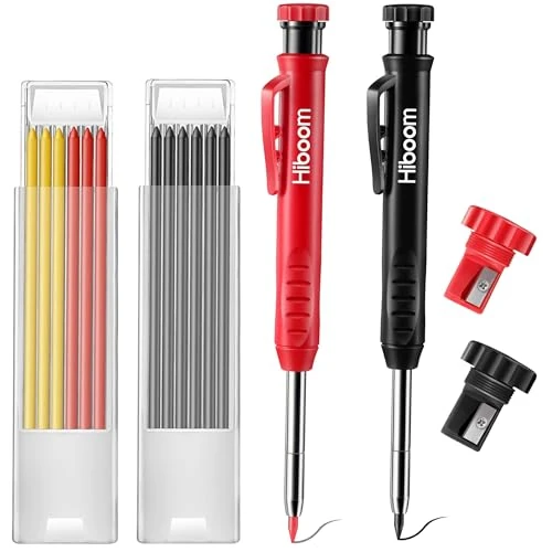 Hiboom 2 Lápices de Carpintero Sólidos con 14 Recargas Marcador de Lápiz Mecánico de Orificio Profundo de Punta Larga con Sacapuntas Incorporado para Día de Padre (Negro, Rojo)