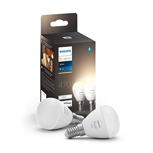 Offerta a tempo: Philips Hue White Sferetta Smart LED, Attacco E14, 5.7W, Luce Bianca Calda, Dimmerabile, Controllo con Bluetooth e Hue App, Funziona con Alexa, Google Assistant e Apple HomeKit, pack da 2 - 22% da 34.99 € a 27.33 €
