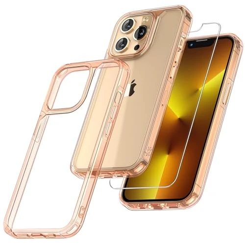 TAURI 5 in 1 Designed for iPhone 13 Pro Max Case Rose Glod, [Not-Yellowing] and 2X Tempered Glass Screen Protector + 2X Camera Lens Protector, [Military-Grade Drop Tested] Phone Case 6.7 inch