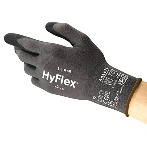 Ansell HyFlex 11-840 Guantes de Trabajo Profesionales, Revestimiento de Nitrilo Antideslizante y Transpirable, Protección Mecánica Multiusos, Seguridad Industrial, Negro, Talla L 5 Pares, 9 (L)