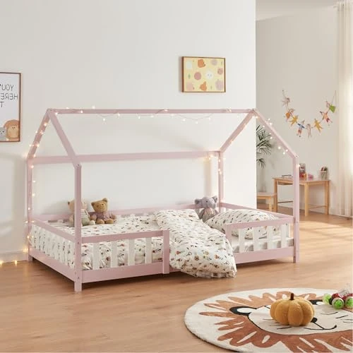 Limited-time offer: [en.casa] Children's bed Sisimiut House bed 90 x 200 cm with fall-out protection Slatted frame Pine Pink/White from 190.99 GBP to 175.99 GBP (save 8%)