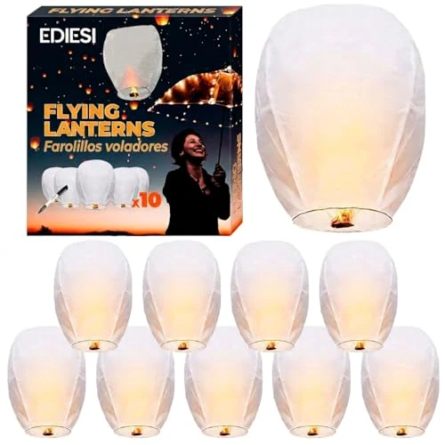Offerta a tempo: Ediesi, Lanterne Cinesi Volanti, 10 Pezzidegradabiledi Carta, Bianco, Sky Lanterns, con un Pennarello per Scrivere i Desideri - 0.00% da 24.99 € a 24.99 €