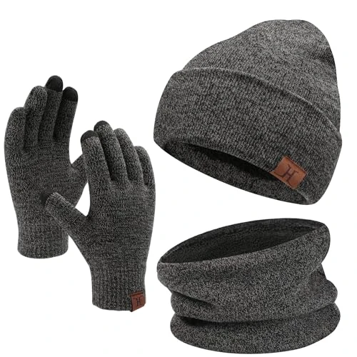 Winter Warm Mütze Loop Schal und Touchscreen Handschuhe Set für Herren und Damen, Wintermütze Strickmütze Beanie Schlauchschal Winterhandschuhe Strickhandschuhe mit Fleece Gefütterte, Midgrey