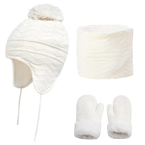 CheChury Winter Mütze Schal Handschuh Sets Mädchen Strickmütze Warme Babymütze Jungen Wintermütze Fleece Winterschal Elastische Beanie Ohrenschützer Hut und Schal Kinder 1-6 Jahre，Weiß，S