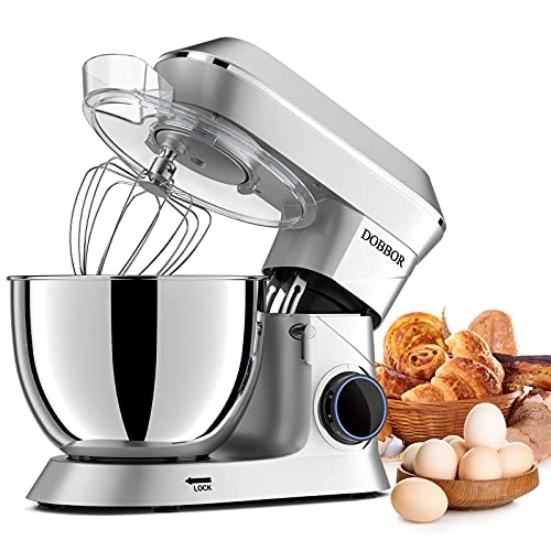 DOBBOR 1500W Pastry Mixer with Whisk, Beater, Hook, Stainless Steel Bowl, 7 Speeds Low Noise Electric Pastry, Dishwasher Safe (Silver)