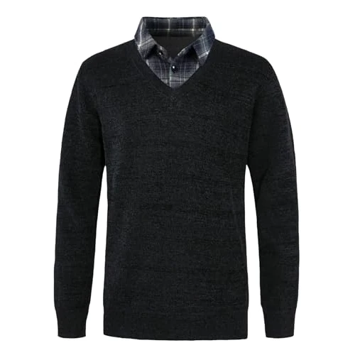 Limited-time offer: Yukirtiq Men's 2 in 1 Jumper Classic Chenille Sweater Casual Winter Warm Fleece Lined Jumpers V-Neck Long Sleeve Pullover Knitwear with Mock Shirt Collar Insert, Black, L from 28.99 GBP to 28.99 GBP (save 0%)