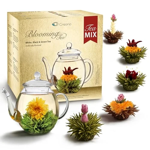 Creano Teeblumen Mix - goldenes Geschenkset Erblühtee mit Glas Teekanne weißer, grüner & schwarzer Tee in 6 Sorten Geschenk für Frauen 7 teilig