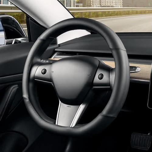 SEG Direct Flat Bottom Steering Wheel Cover, D Shaped Car Wheel Cover 37-39cm, Black Microfiber Leather