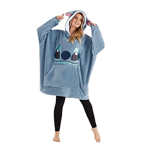Disney Sweat a Capuche Femme Pull Plaid Oversize Stitch - Idée Cadeau Lilo et Stitch (Bleu)