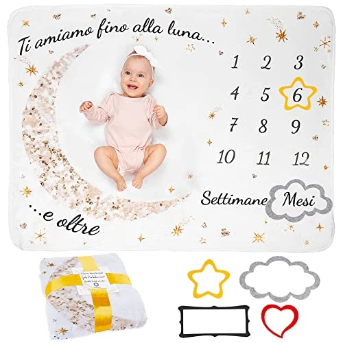 Zeitlich begrenztes Angebot: ODOXIA Baby Meilenstein Decke auf Italienische | Monatsdecke Baby Junge & Mädchen, Unisex | Mond & Sterne | Personalisiertes Neugeborenen-Geschenk für Mütter | Star IT | Meilensteindecke und Rahmen von 19.99 € auf 19.99 € (0.0