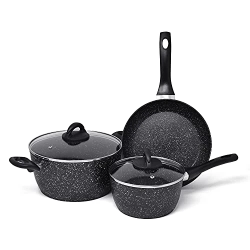 Offerta a tempo: Joeji's Kitchen Set di 3 padelle antiaderenti a induzione con manico Cool Touch - Set di padelle in alluminio antiaderente con coperchi in vetro - Friggere o rosolare più sano con meno olio - 0% da 44.99 € a 44.99 €