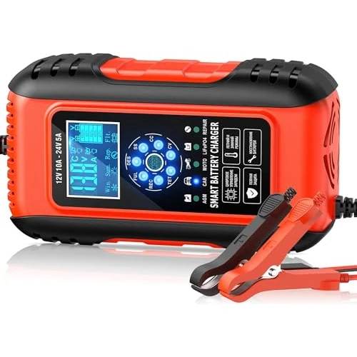 Offerta a tempo: Husgw 10A Caricabatteria da Auto, 12V / 24V 10A Multi Protezioni Carica Batteria Moto,Intelligente — 10% da 29,99 € a 26,99 €