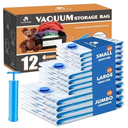 Offre limitée : Lot de 12 Sac sous Vide Vetement Aspirateur, CaptainFive Sac de Rangement sous Vide Aspirateur 4*XL, 4*L, 4*M, 1*Pompe, Housses de Rangement Sous Vide Réutilisables pour Vêtements, Couettes, Literie de 24.99 € à 24.99 € (0.00% de remise)
