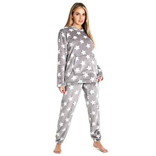 CityComfort Set Pigiama Donna Invernale in Pile, Pigiami con Cappuccio, 2 Pz Abbigliamento da Casa, Regalo Donna Adolescenti (Stella Grigia,XL)