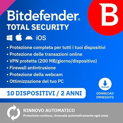 Offerta a tempo: Bitdefender Total Security| 10 Dispositivi | 2 Anni | PC/Mac/iOS/Android | Codice di attivazione via email | Rinnovo automatico - 38% da 79.99 € a 49.99 €