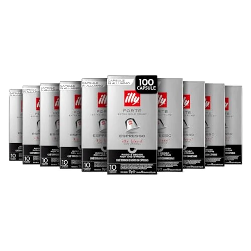 illy, Caffè in Capsule Compatibili in Alluminio FORTE, 100% Arabica con Intenso Aroma di Pan Tostato e un Retrogusto di Cioccolato Fondente, Gusto Deciso, 10 Confezioni da 10 (100 Capsule Totali)