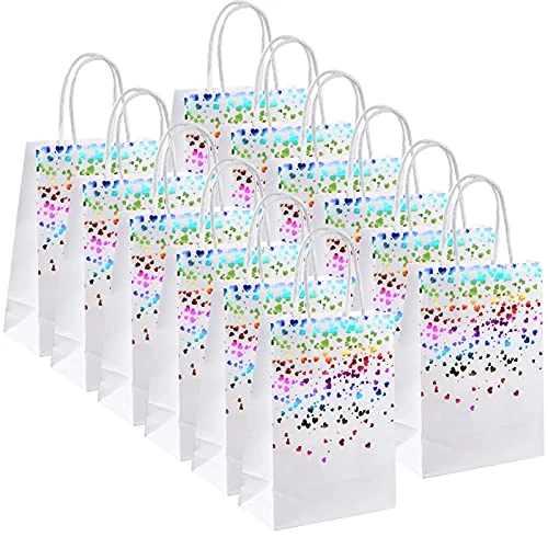 15pcs Bolsas de Papel Kraft, Sacos de Presente Com Alças, Sacos Papel Kraft, Bolsas de Regalo Fiestas, Bolsas Papel Regalo con Corazón Puntos para Celebraciones,Baby Shower,Navidad(Blanco con colorido