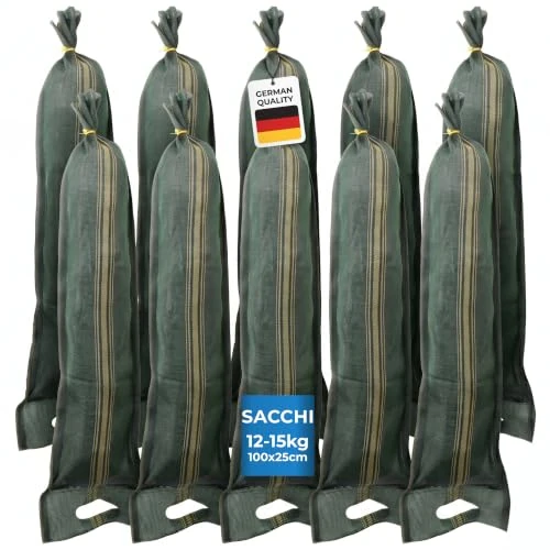 Offerta a tempo: 10 Sacchi di sabbia antiallagamento per porte – Sacco vuoto per sabbia per alluvioni – Barriera contro le inondazioni con impugnatura (25 x 100 cm) - 0.00% da 27.99 € a 27.99 €