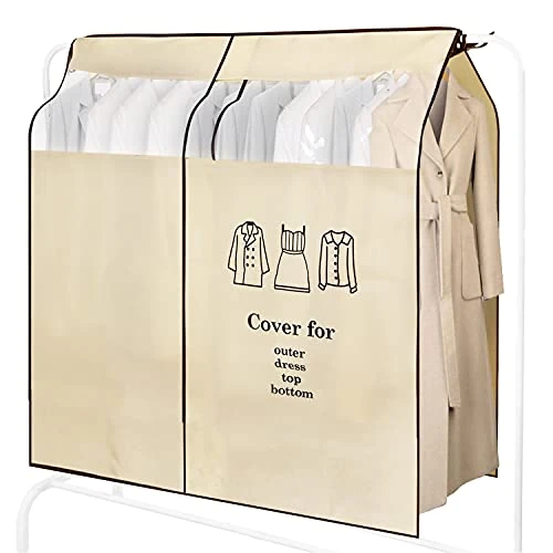 OTraki Garment Covers Long 120 x 150 cm (47 x 59 inch) for Clothes Dustproof Breathable Suit Protector with Transparent Window Clothes Rail Cover 4ft for Coat Long Dresses Home Bedroom, Beige