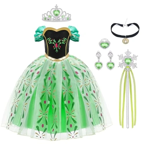 URAQT Niña Princesa Coronación Vestido, Disfraz con Varita Corona Accesorios, Vestido de Cosplay, Cumpleaños Fiesta Cosplay Carnaval Cosplay Halloween Traje, Talla 6-7 años, Verde