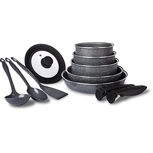 TVS Set of 11 Pots and Pans with Removable Handle, for Induction, Stone Coating, Made in Italy