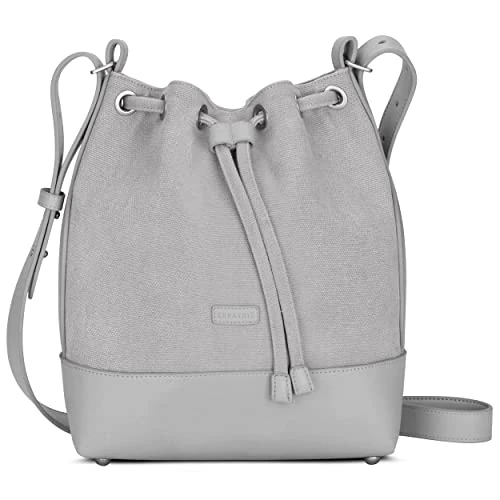 Expatrié Bolso de Mano para Mujer Gris Lily Saco Bandolera - Bucket Bag de Lona de Algodón y Cuero sintético vegano - Compras, Oficina, Ocio